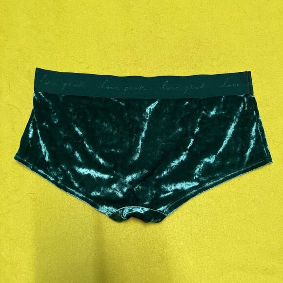 Victoria’s Secret PINK Crushed Velvet Logo Boyshorts Panty NWT M Logo Green VS - Picture 5 of 5